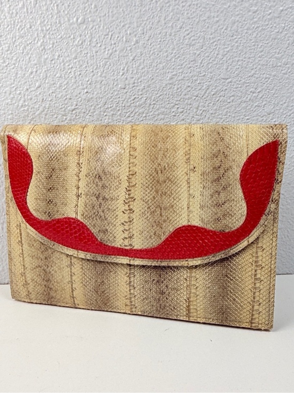 Vintage Nicole Saldana Genuine Snakeskin Red Trim Envelope Clutch Purse